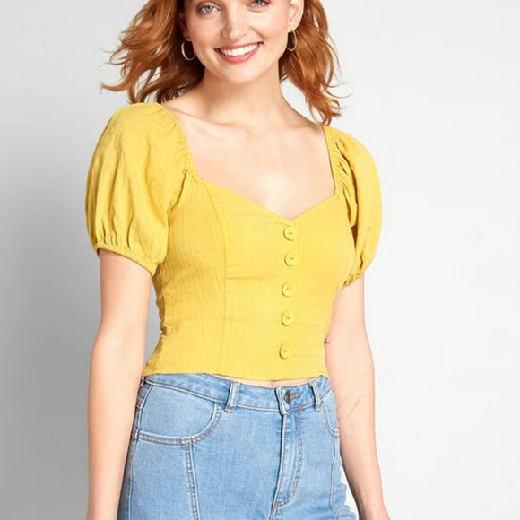Modcloth Prairie Much So Puff Sleeve Top Yellow Medium - Picture 3 of 6